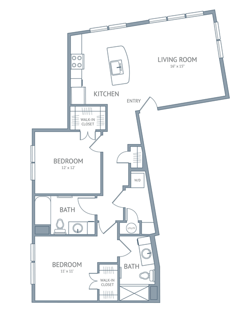Floor plan for 2 beds, 2 baths, 1047 sqft